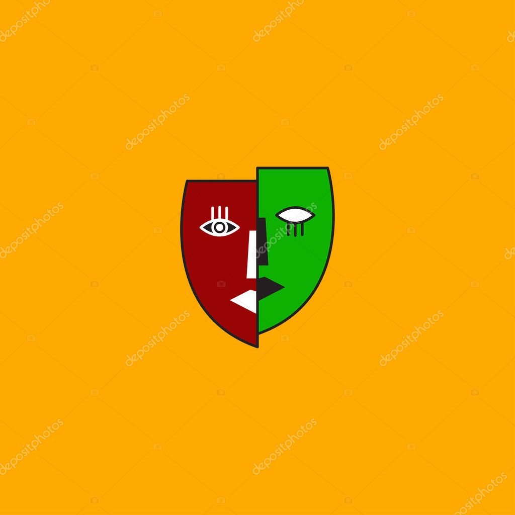 Split personality icon, two half of faces, abstract mask, mental illness icon, schizophrenia, abstract art. Vector pictogram
