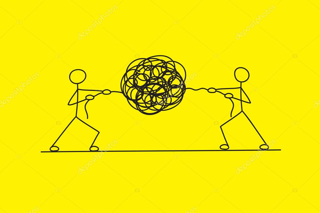 Two stick people unwinding clew, psychology icon, doodle abstract men solve business problem, coaching, mentor, yellow and black line sketch vector illustration