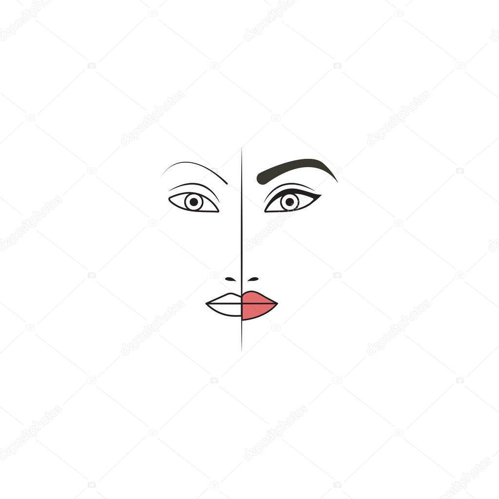 Eyebrow, eye and lip tattoo before and after. Makeup artist icon, makeup logo. Vector illustration