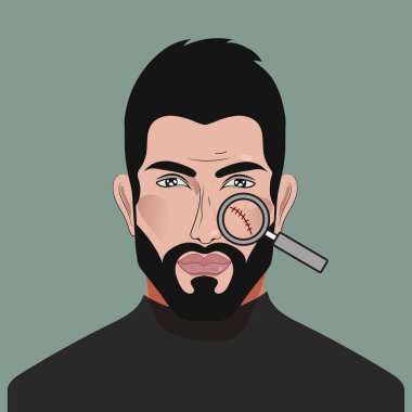 Büyüteç altında insan yüzünde yara izi