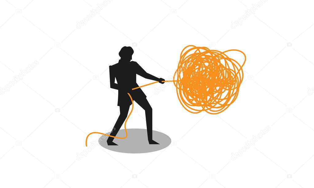 Businessman unraveling tangled tangle