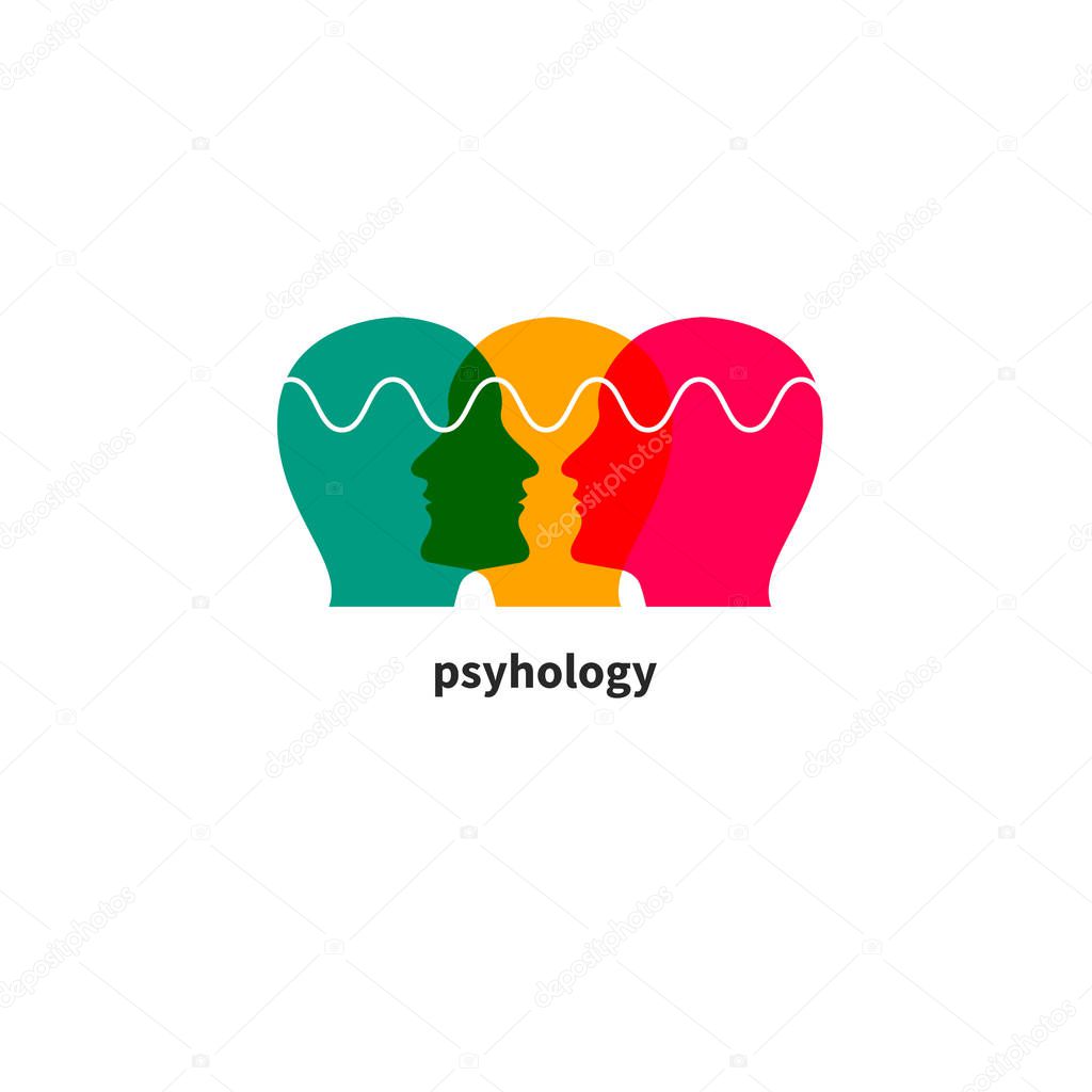 Psychology icon, psychologist, psychotherapy symbol, eq sign, coaching, three male profiles Vector illustration