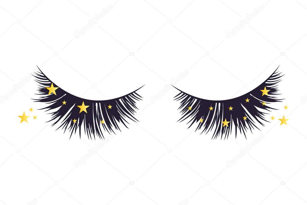 Luxury extension eyelashes with stars, lashmaker icon, glamor vip makeup. Vector design