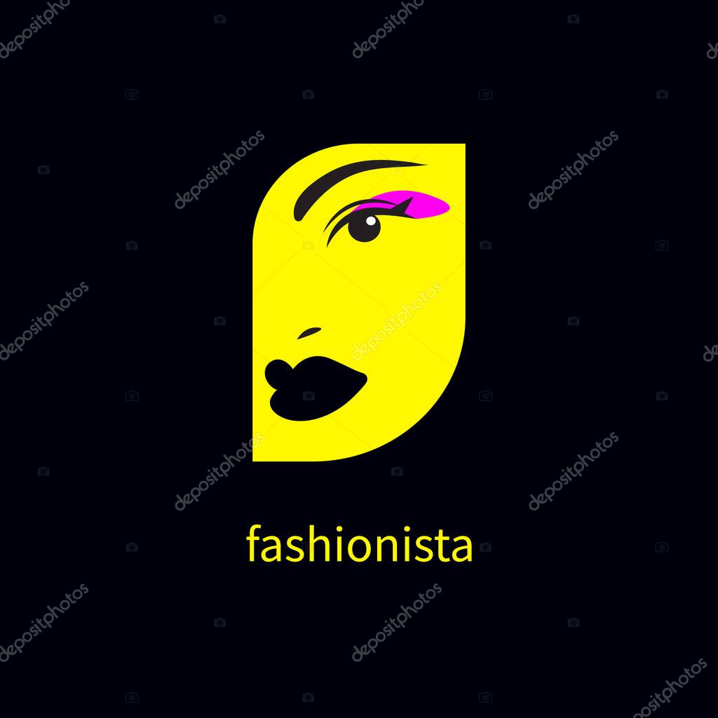 Fashionista icon, beautiful female face with makeup, beauty salon logo, fashion blogger sign. Unusial vector symbol
