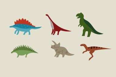 Arka planda izole edilmiş bir grup komik dinozor. Şirin bebek dinozorlar, antik sürüngenler.