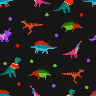 Dino siyah arka planda. Tekstil, kumaş, baskı ya da duvar kağıdı için kusursuz bebek dinozorlar deseni. Kağıt ya da cilt baskısı için şablon