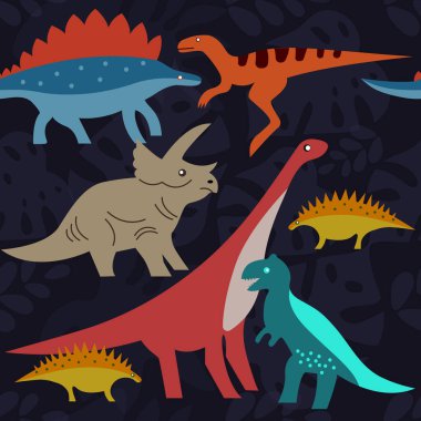 Tropik yaprakların arka planında dinozorlar. Dino çizgi film karakterleri. Kusursuz pürüzsüz hayvan deseni