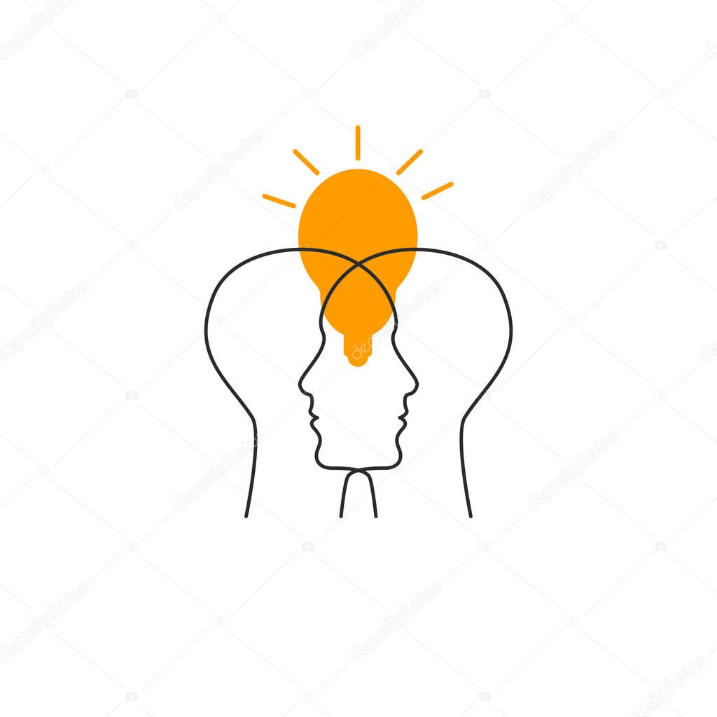 Two profiles and lamp icon. Empathy, psychology of  logo. Line vector sign