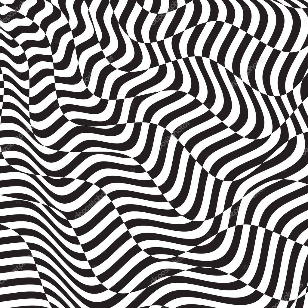 Opt illusion background. Optical illusion banner, distorted black and white lines. Vector illustration