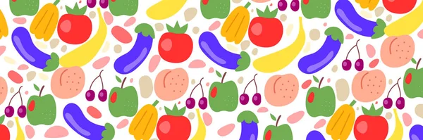 Banner Ancho Color Frutas Verduras Con Tomate Berenjena Manzana Fondo — Vector de stock