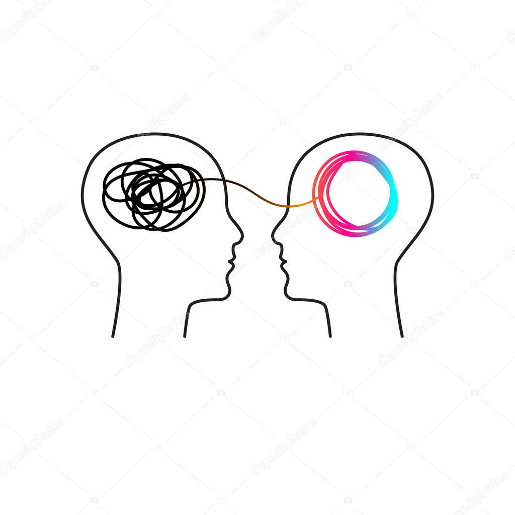 Training icon, symbol of coaching, psychological support, therapy logo. Two abstract profiles with tangled and untangled tangles