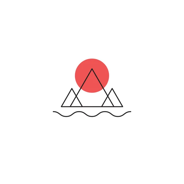 Mountains, river and sun minimal logo, minimalist line travel icon