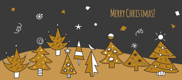 Noel tebrik kartı, içinde Doodle ağaçları var. El yapımı Noel afişi. Kış ormanı geçmişi