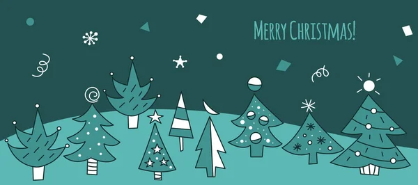 Noel tebrik kartı, içinde Doodle ağaçları var. El yapımı Noel afişi. Kış ormanı geçmişi