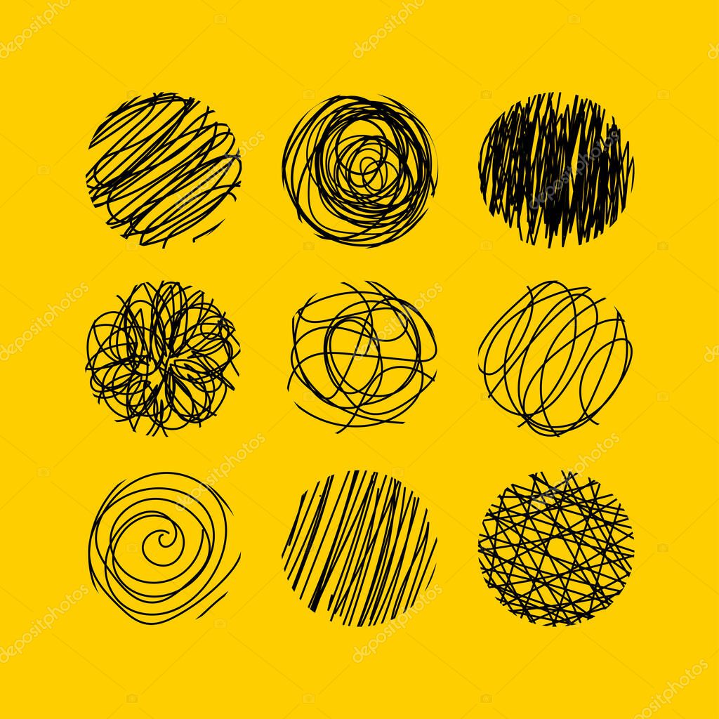 Set of round doodle black elements scratched with black lines. Collection of grunge circles drawn with pen or pencil