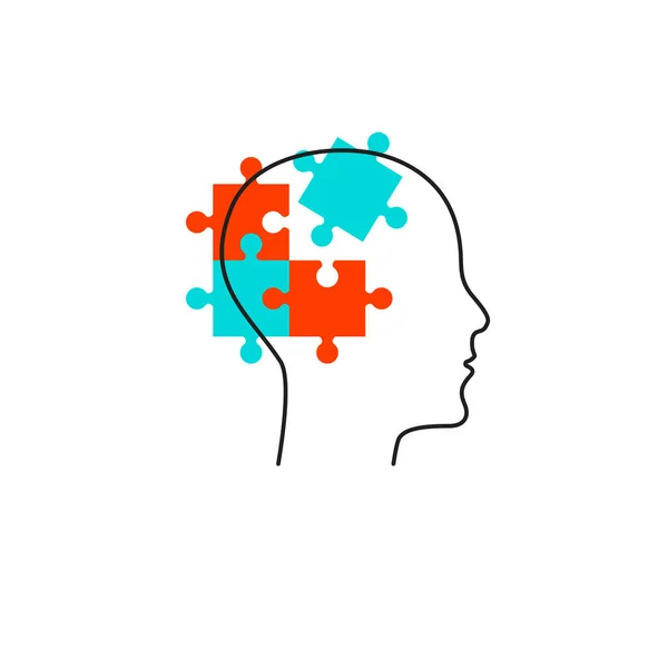 Profil de la personne avec des pièces de puzzle dans sa tête — Image vectorielle