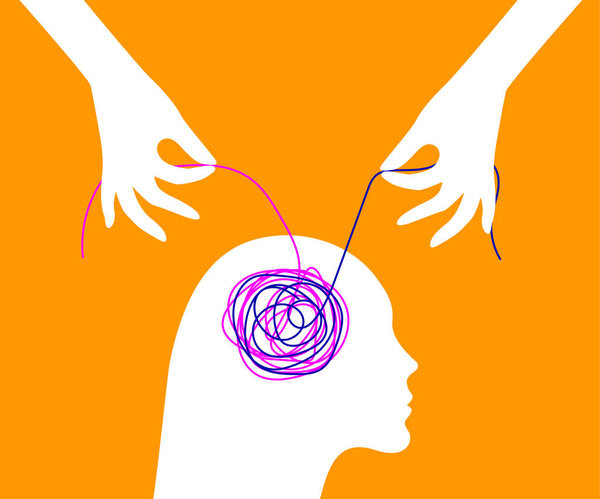 Decision of psychological problems of woman concept. Therapist unraveling tangle. Coaching illustration.