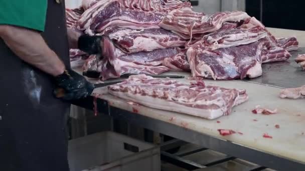 Cuts freshly slaughtered meat — Stock Video
