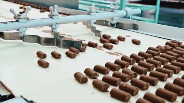 Processo de fabricação de chocolate fábrica de doces — Vídeo de Stock