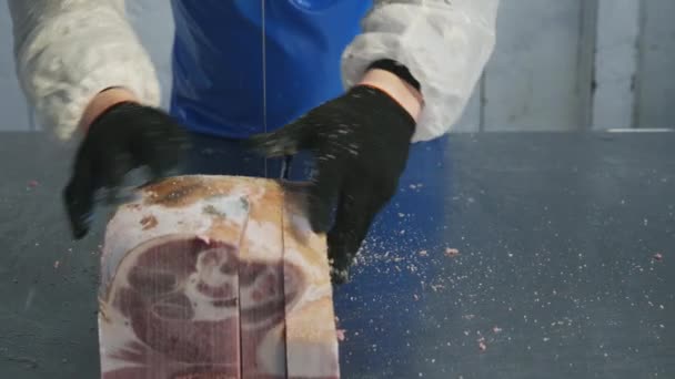 Crudo congelato pezzo di carne sega industria di fabbrica — Video Stock