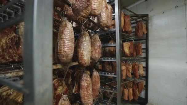 Fleischfabrik Produktion hängen geräuchertes Stück Schweinefleisch — Stockvideo
