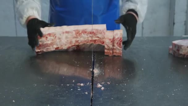 Carne congelada cruda pieza sierra industria de fábrica — Vídeo de stock