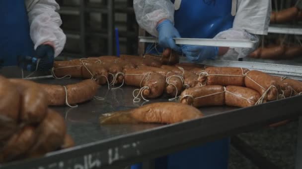 Proceso de fabricación de la fábrica de salchichas industria de carne fresca — Vídeos de Stock