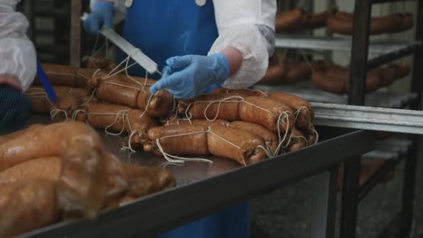 Processo de fábrica de salsicha fazendo indústria de carne fresca — Vídeo de Stock