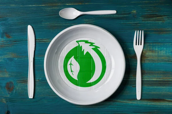 Vue Dessus Plat Plastique Recyclable Avec Logo Vert Environnemental — Photo