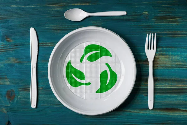 Vue Dessus Plat Plastique Recyclable Avec Logo Vert Environnemental — Photo