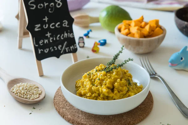 Sorghum Pumpking Organic Risotto Stilleben Färgglada Sammansättning — Stockfoto