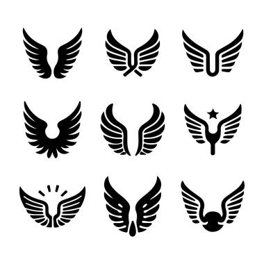 Yaratıcı şekilleri ve sembolleri olan soyut siyah kanat simgelerinin toplanması