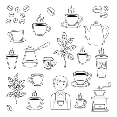 Kahve çekirdekleri ve sıcak fincanlarla el çizimi kahve elementleri.