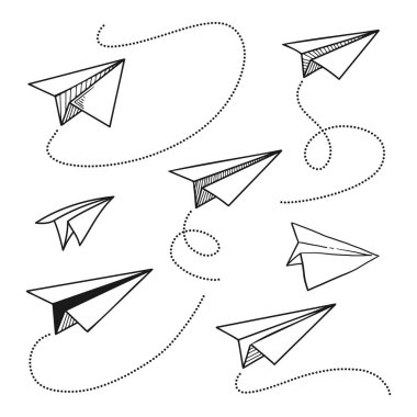 Noktalı Yollu El Çizimi Kağıt Uçaklar. Özgürlük ve Seyahat Vektörü İllüstrasyonu.