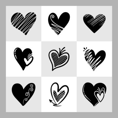 Dokuz El Çizimi Kara Kalp Simgeleri