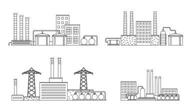 İzole üzerinde beyaz arka bina endüstriyel üretim kümesi. Düz stil fabrikada.