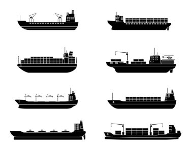 Set of commercial cargo ships. Sea transportation vehicle. Transport boat. clipart