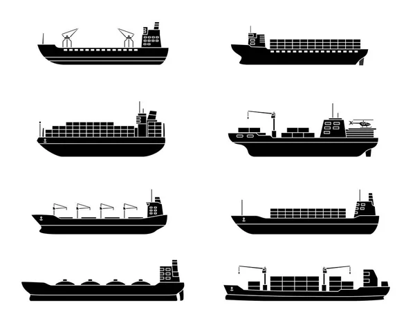Conjunto de buques comerciales de carga. Vehículo de transporte marítimo. Barco de transporte . — Vector de stock