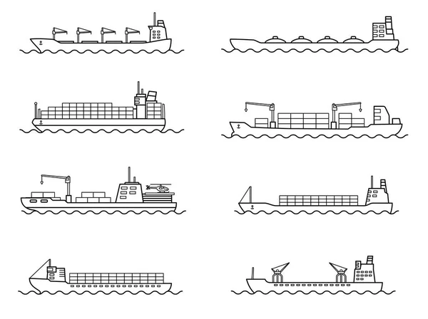 Conjunto de buques comerciales de carga. Vehículo de transporte marítimo. Barco de transporte . — Vector de stock