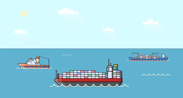 Uppsättning av kommersiella lastfartyg. Sea transportfordon. Vatten logistik. Transportbåt. — Stock vektor