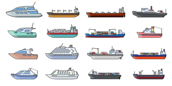 Conjunto de navios de carga comerciais. Veículo de transporte marítimo. Barco de transporte . — Vetor de Stock