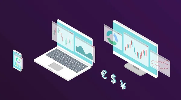 Devisen-Aktienchart. Isometrie-Computer, Laptop und Smartphone mit Bestandsdatendiagramm. Visualisierungskonzept für Handelsdaten. Vektorillustration. — Stockillustration Devisen-Aktienchart. Isometrie-Computer mit Bestandsdatendiagramm. — Stockvektor