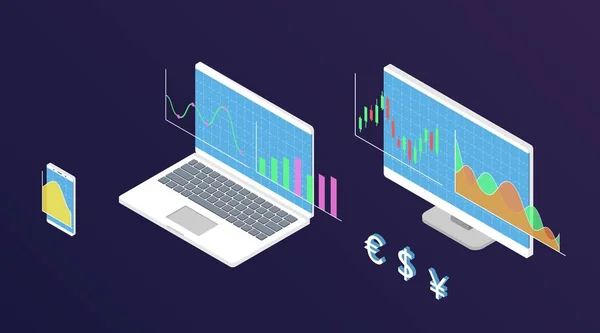 Gráfico de ações Forex. Isometry computador com gráfico de dados de estoque . — Vetor de Stock