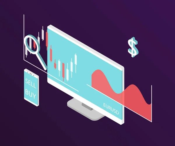 Gráfico de ações Forex. Isometry computador com gráfico de dados de estoque . — Vetor de Stock