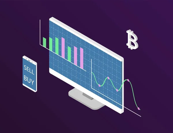 Cryptocurrency grafik. İsometry bilgisayar kripto para hisse senedi verileri grafik ile. — Stok Vektör