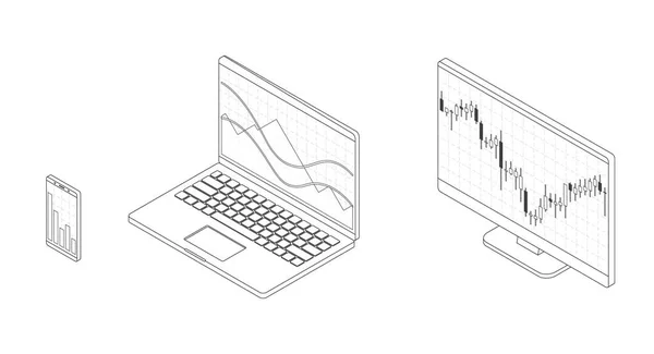Gráfico de ações Forex. Isometry computador com gráfico de dados de estoque . — Vetor de Stock