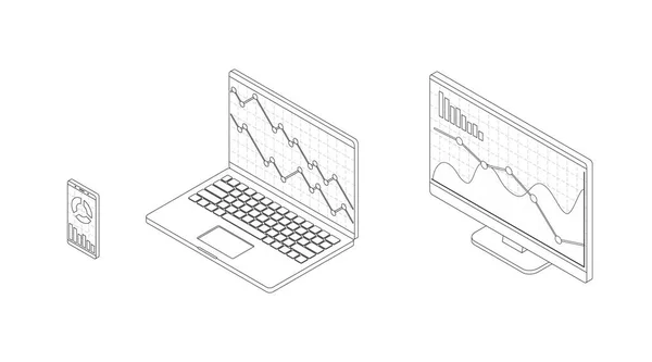 Devisen-Aktienchart. Isometrie-Computer mit Bestandsdatendiagramm. — Stockvektor