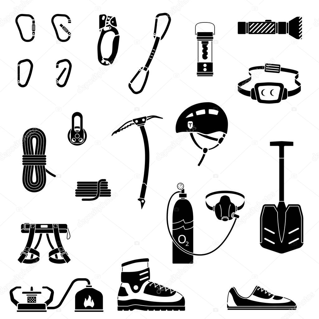 Equipment for mountaineering, climbing,  mountain adventure, extreme sports, outdoor recreation. Set of icons.
