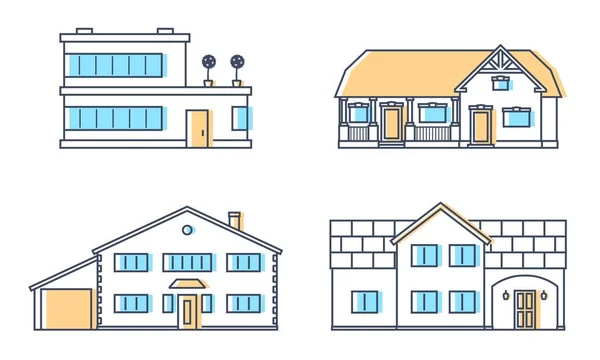 Set van vier residention huizen. Levende cottage set. Apartament gebouw. Huis gevel met deuren en ramen. — Stockvector