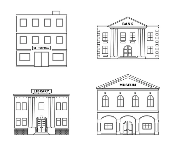 Edificios públicos listos. Museo, hospital, biblioteca, edificio del banco aislado sobre fondo blanco . — Vector de stock